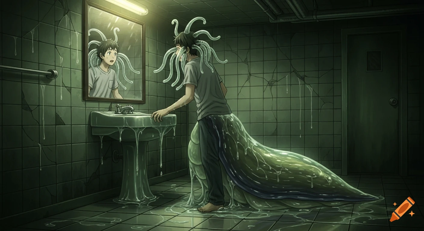 Anime man transformed into a slug creature in a slimy, dilapidated bathroom, staring horrified into a mirror.