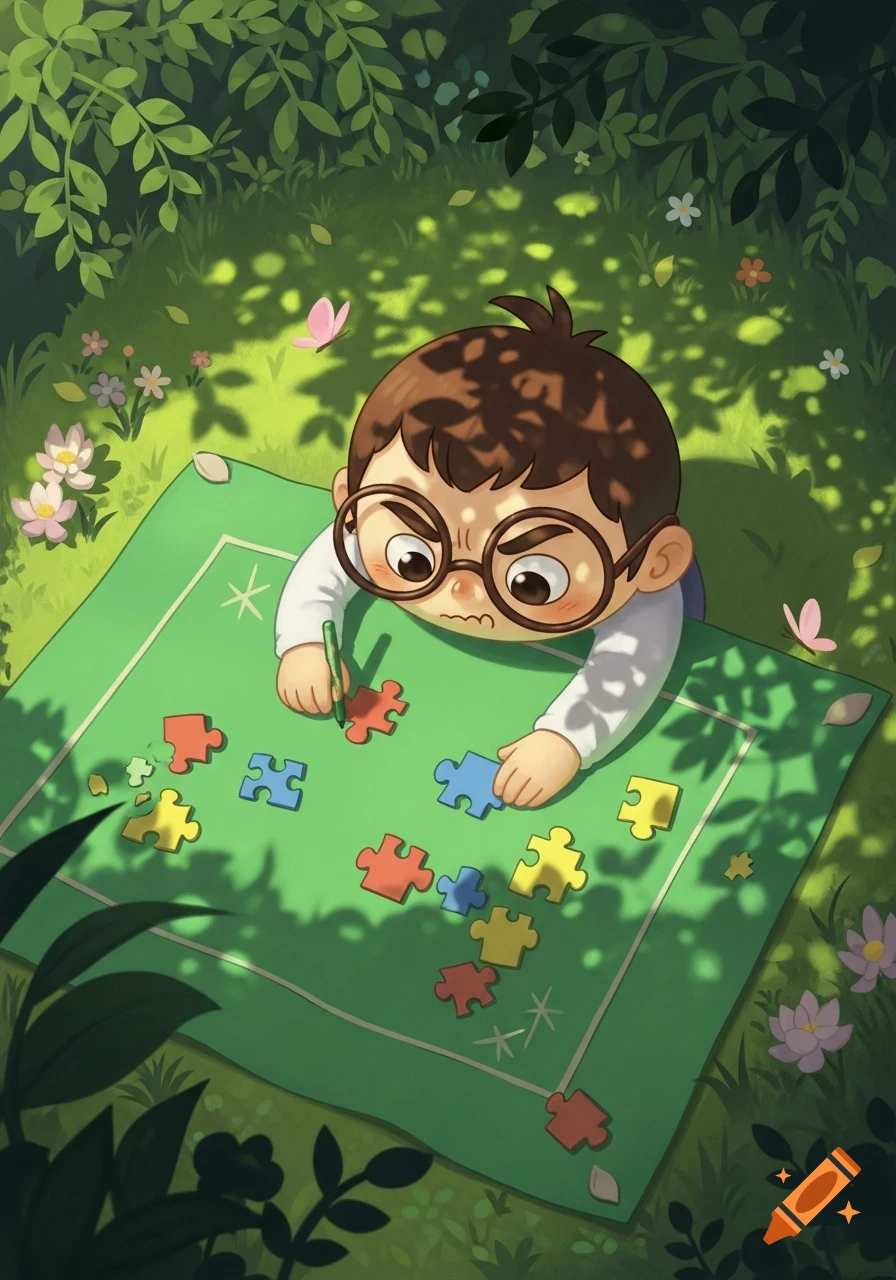 Cute cartoon character with glasses grumpily solving a colorful puzzle on a green mat in a dappled forest clearing.