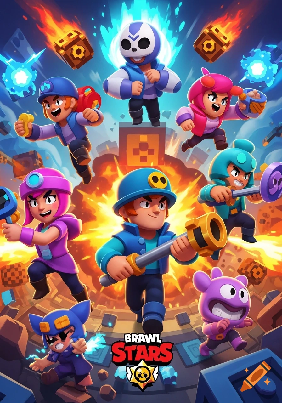 Multiple stylized video game characters from Brawl Stars in an action-packed scene with explosions and special effects.