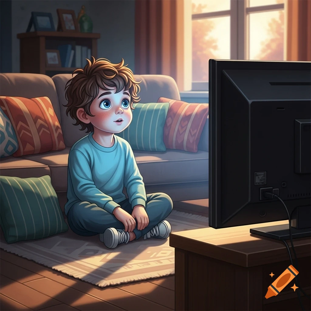 A cute cartoon boy with brown curly hair sits on the floor with wide eyes, watching TV in a cozy living room.