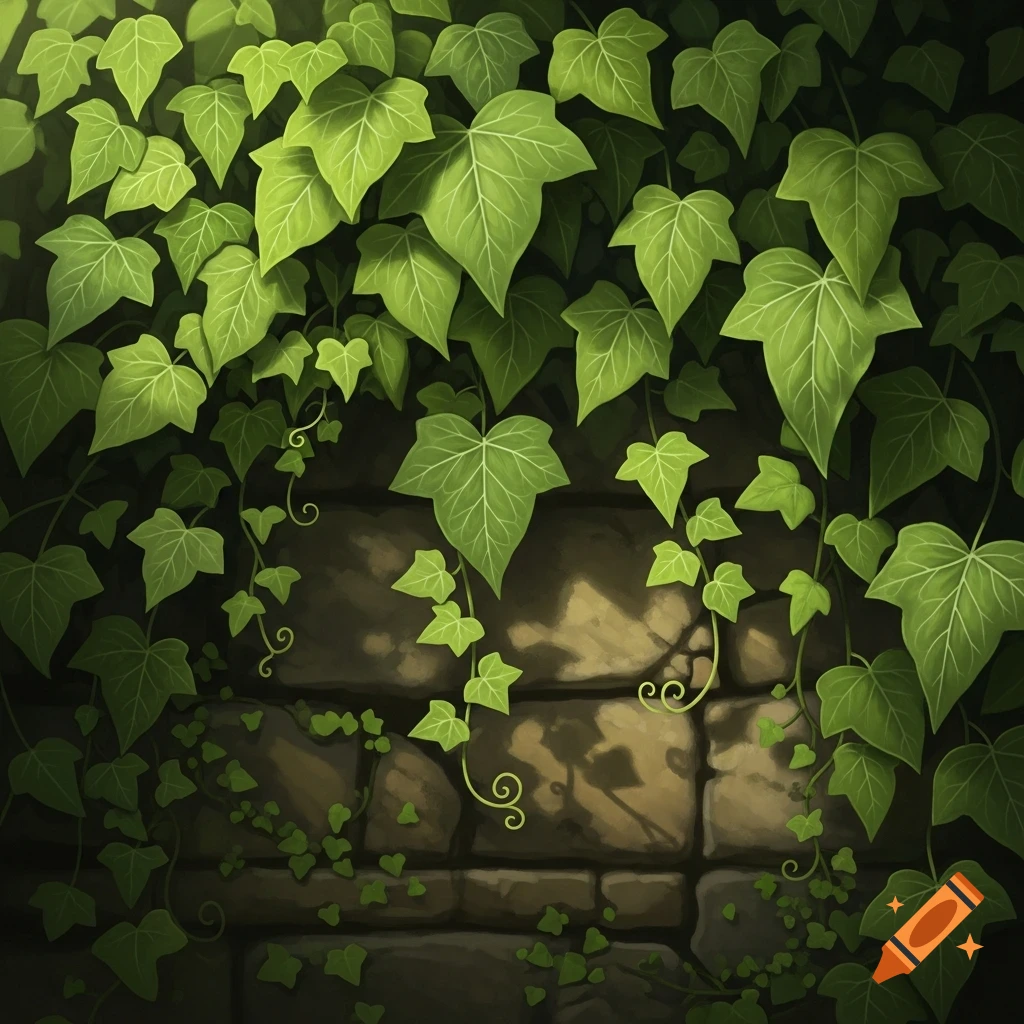 Stylized illustration of vibrant green ivy leaves climbing a sunlit stone wall.