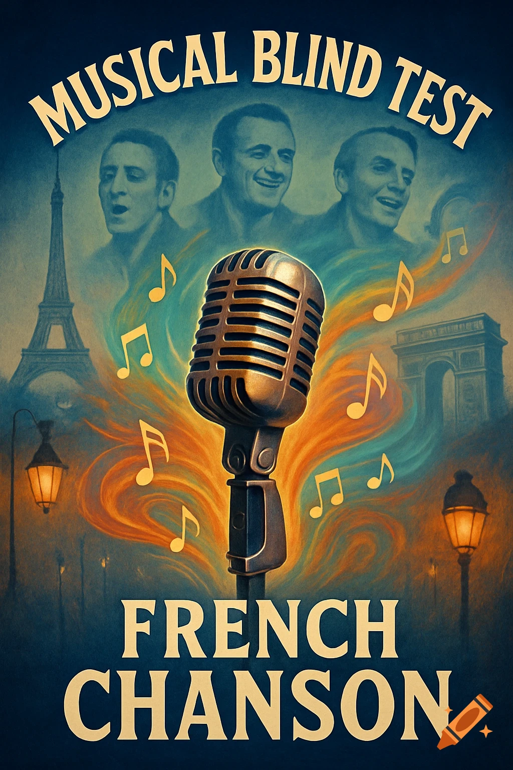 Vintage poster for a 'Musical Blind Test: French Chanson' featuring a microphone, three singers, musical notes, and Parisian landmarks.