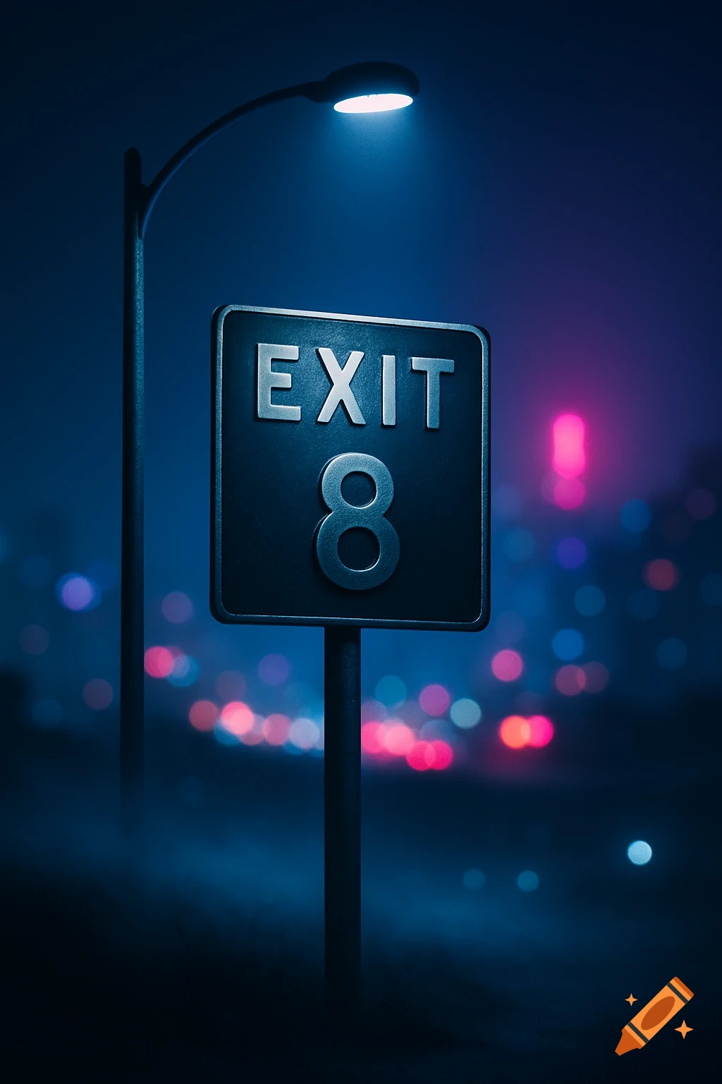 An illuminated 'EXIT 8' sign under a street light at night, with a blurry city lights backdrop.