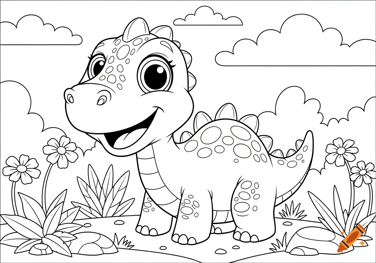 A black and white line art coloring page of a cute, smiling baby dinosaur standing among flowers and clouds.