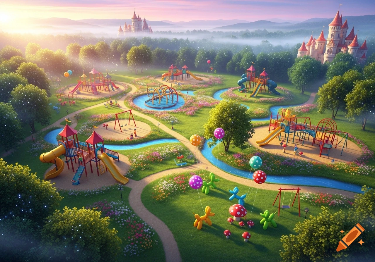 Aerial view of a vibrant, whimsical playground with colorful equipment, balloon animals, and flowers, set in a lush landscape with distant fairytale castles.