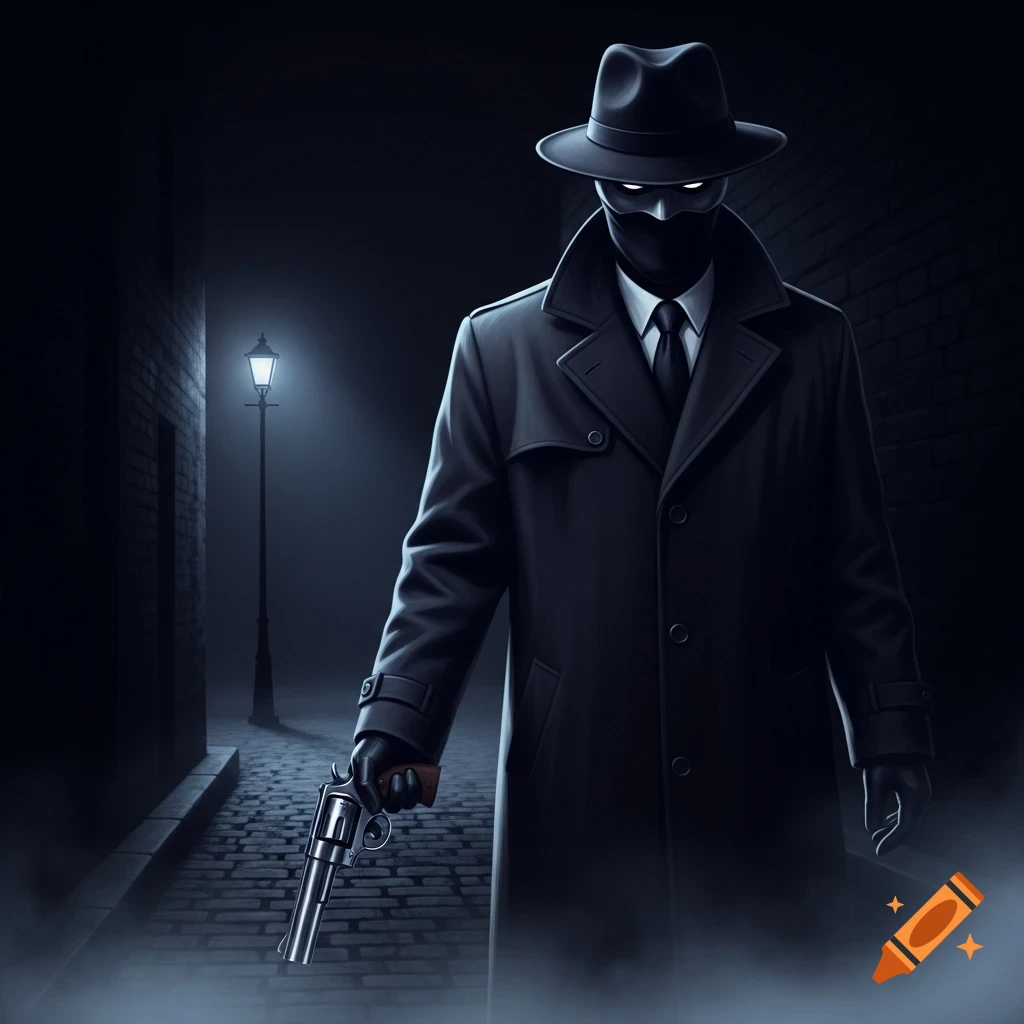 A masked man in a fedora and trench coat holds a revolver in a dark, foggy alley next to a glowing lamppost.