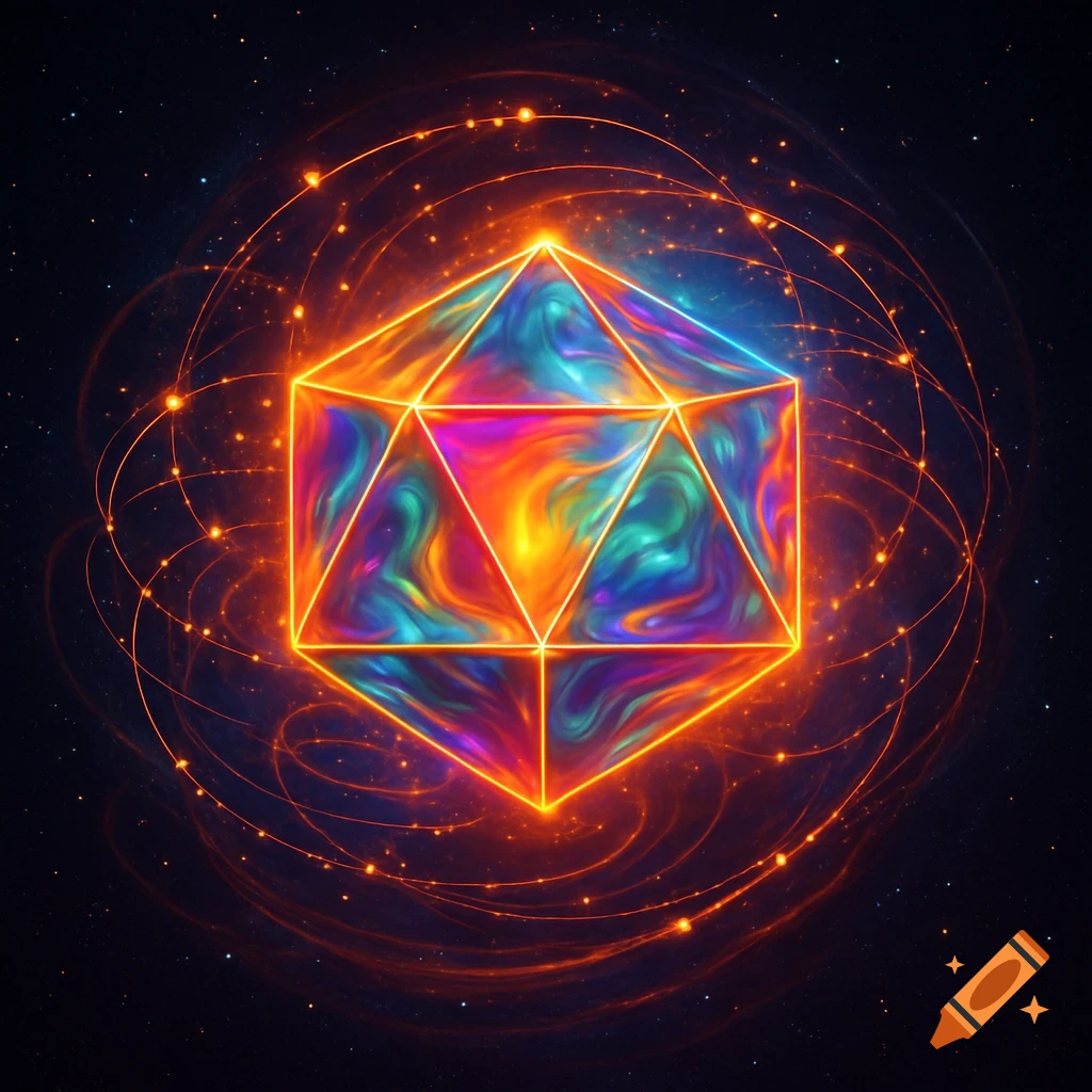 A vibrant, glowing icosahedron with swirling rainbow colors, surrounded by swirling orange light trails and stars in deep space.