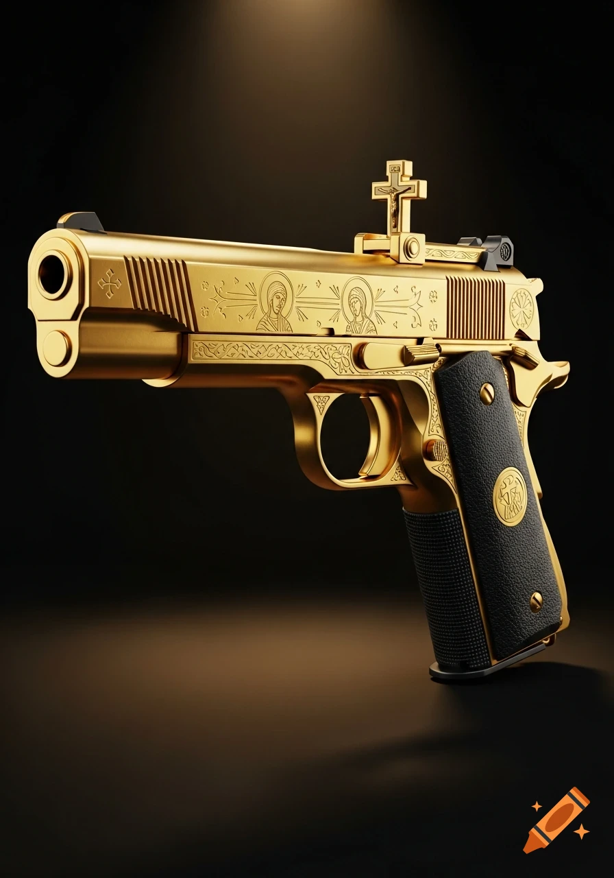 Golden M1911 pistol with black grip, featuring religious engravings and a crucifix gun sight, against a dark background.