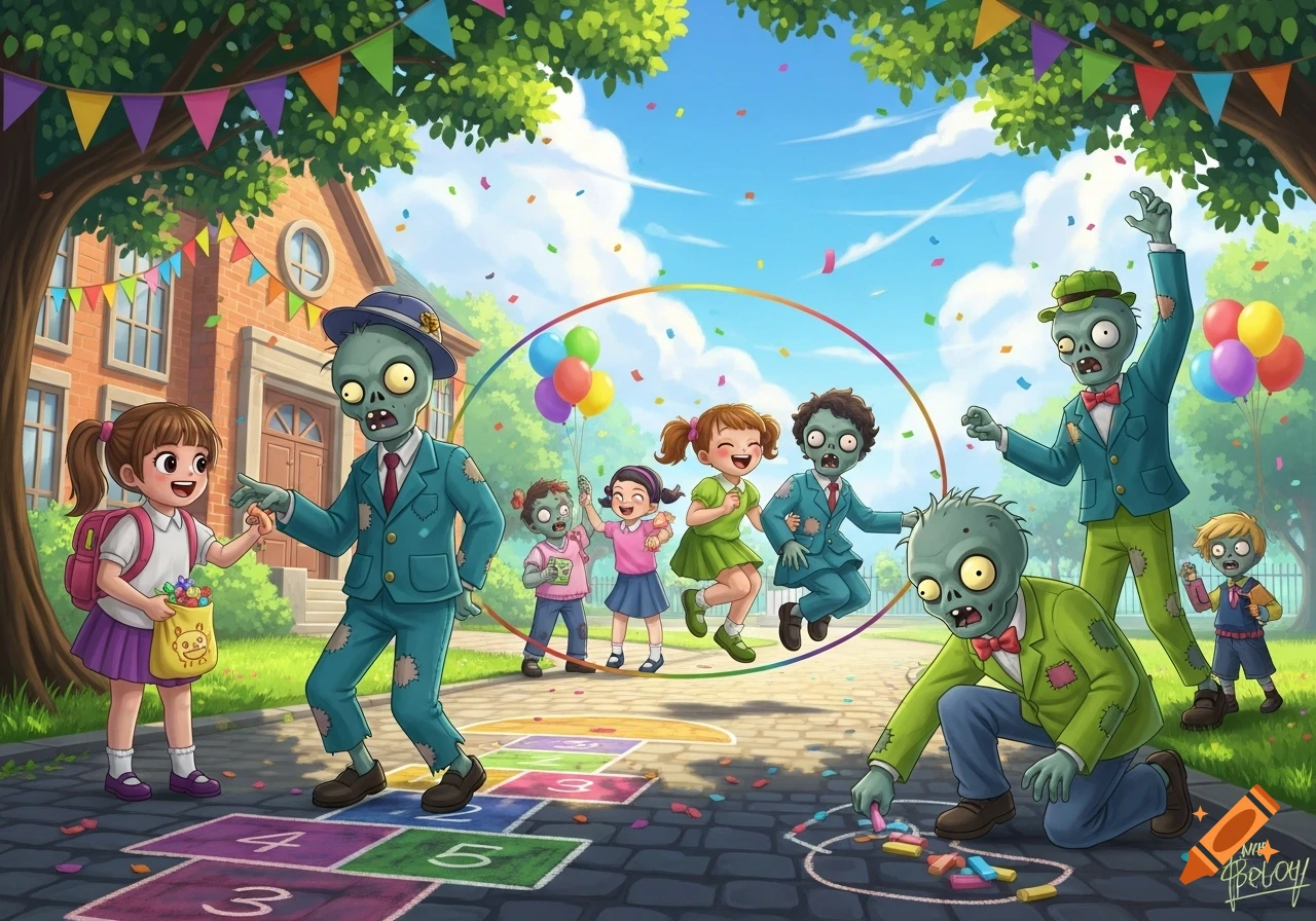 A colorful cartoon illustration of children and friendly zombies playing hopscotch and interacting at a school playground.