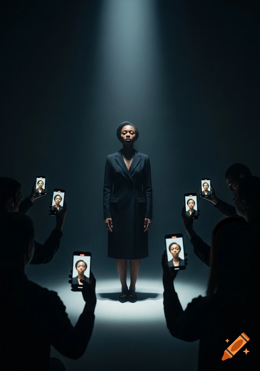 A Black woman in a dark suit stands under a spotlight, surrounded by silhouettes holding phones displaying her image. Moody, cinematic.