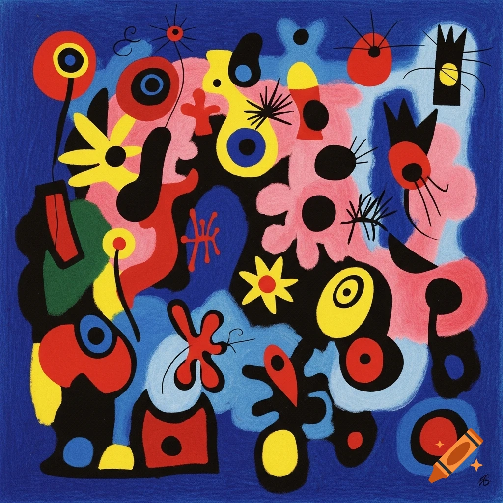 Vibrant abstract painting in Joan Miró style with red, yellow, pink, and black organic shapes on a rich blue background.