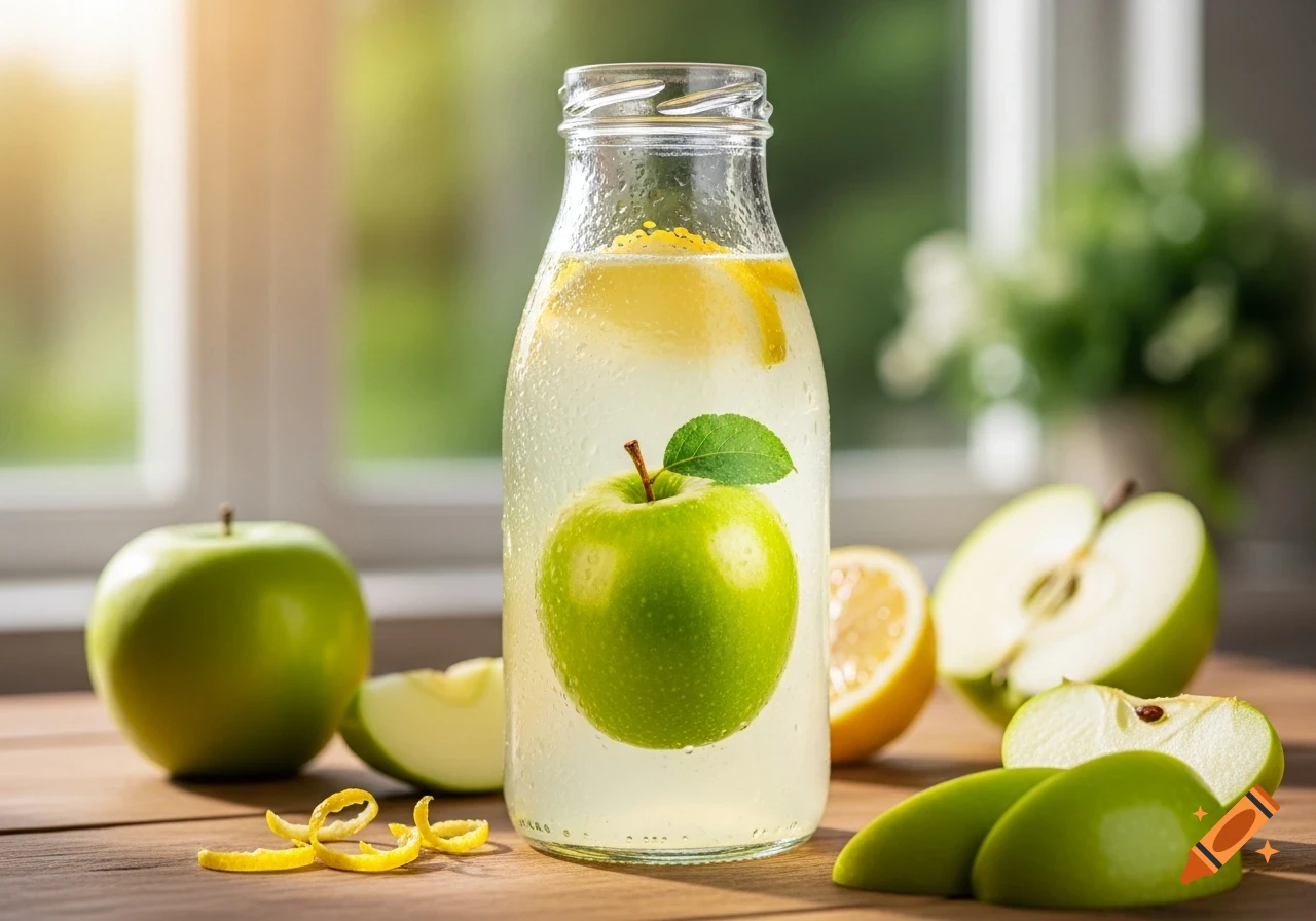 A refreshing lemonade in a bottle with a green apple and lemon slices, surrounded by fruit on a wooden table near a sunny window.