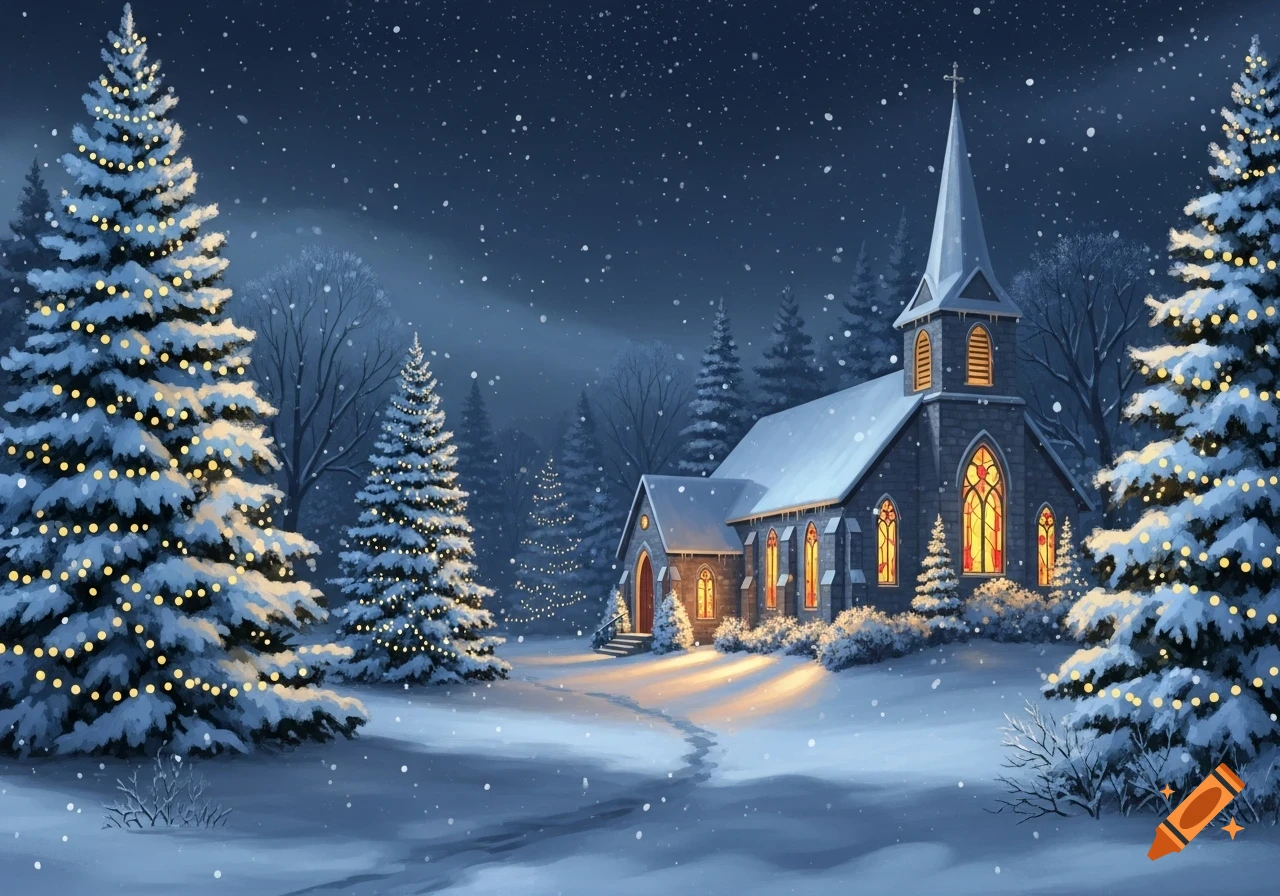 Illustrated snowy Christmas night scene with a brightly lit church and decorated evergreen trees under falling snow.