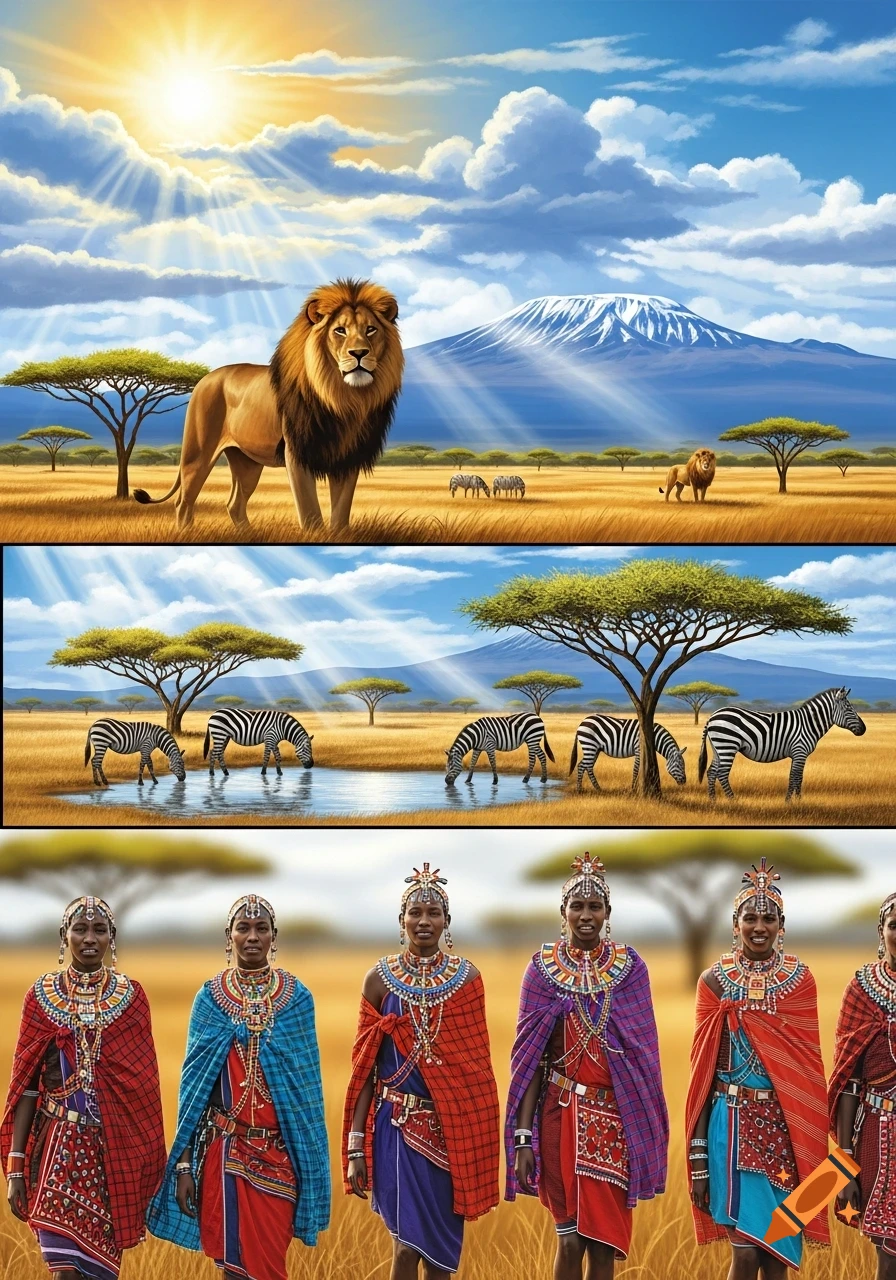 A triptych showing African landscapes and culture. Top: a lion in savanna with Mount Kilimanjaro. Middle: zebras drinking from a watering hole. Bottom: Maasai women in traditional attire.