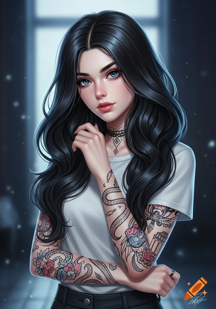 Stylized portrait of a pale-skinned girl with long black wavy hair, blue eyes, and full tattoo sleeves.
