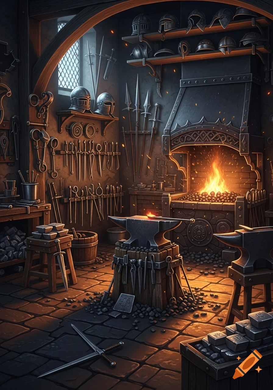 A detailed medieval blacksmith workshop with a glowing forge, multiple anvils, swords, helmets, and tools on stone floors.