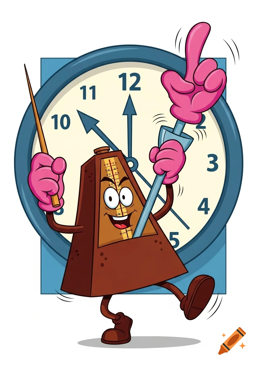 A cartoon metronome with pink gloves holding a pointer and a pendulum, standing in front of a clock reading 10 o'clock.
