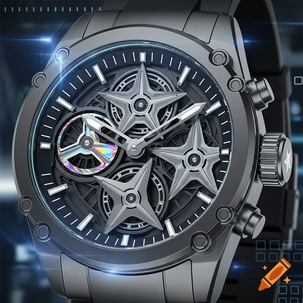 A close-up of a dark, futuristic watch featuring metallic star-shaped movements and a shimmering, iridescent component on the dial.