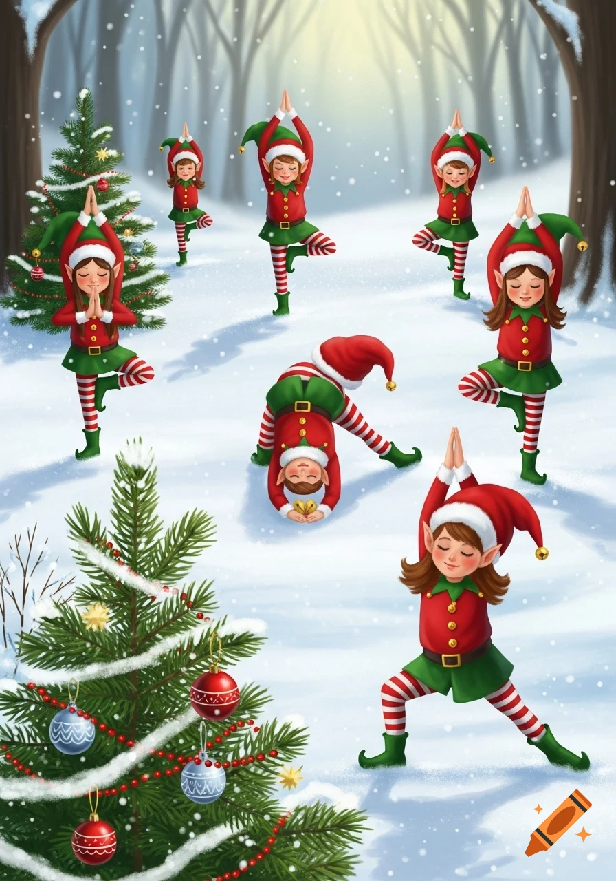 Detailed illustration of Christmas elves doing yoga poses in a snowy forest with decorated trees.