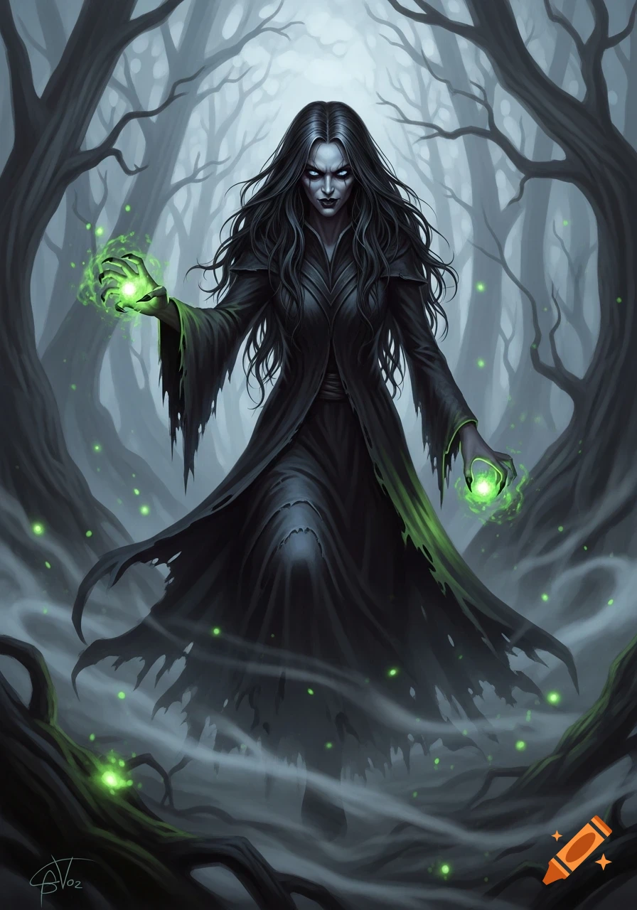 A scary witch with long black hair, glowing blue eyes, and tattered black robes, conjuring green magic in a foggy, dark forest.