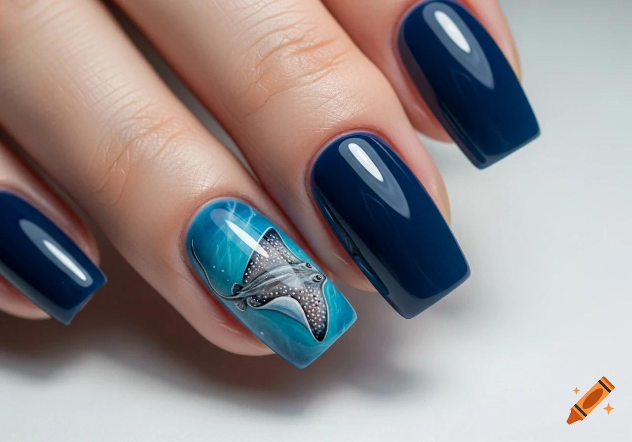 Close-up of a hand with dark blue polished nails, featuring a realistic stingray painted on one nail in an underwater design.