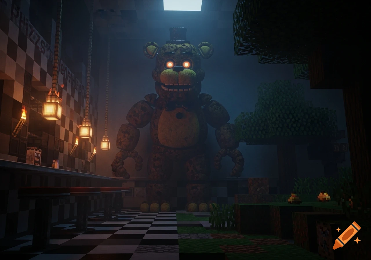 A giant, ominous Freddy Fazbear animatronic stands in a dark, pixelated Minecraft-style pizzeria.