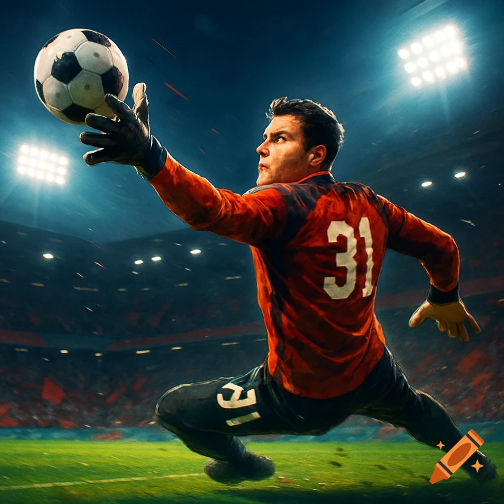 A soccer goalkeeper in an orange jersey with number 31 dives to catch a soccer ball under bright stadium lights at night.