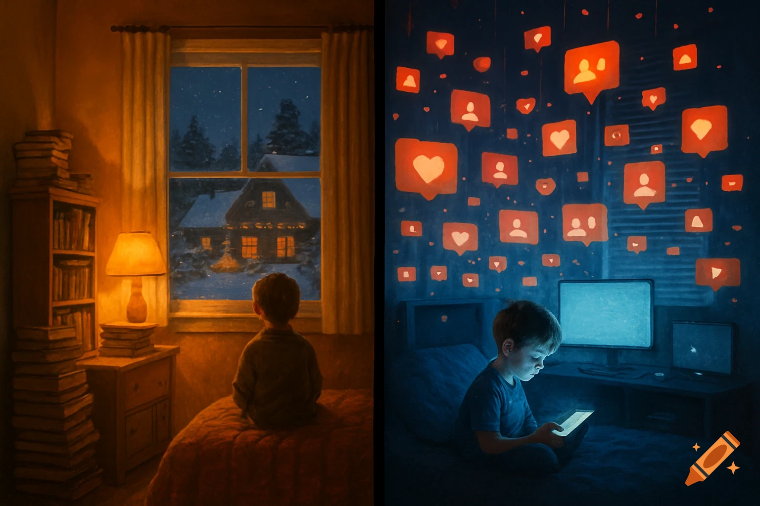 A split image shows a boy in a warm, cozy room looking out a window at a snowy house, contrasting with a boy in a dark room illuminated by a tablet and glowing social media icons floating around him.