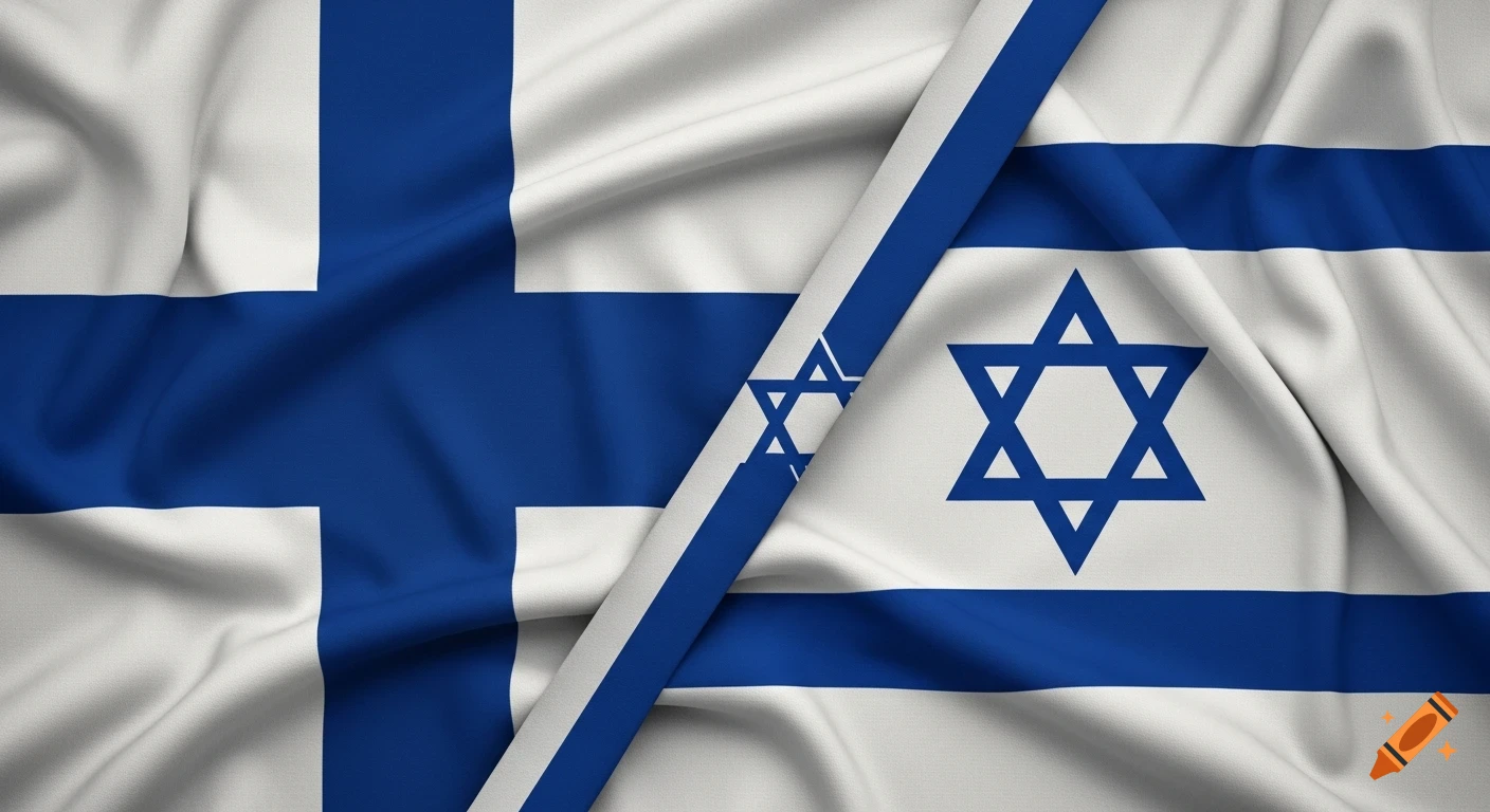 The flags of Finland and Israel are shown overlapping diagonally, with realistic fabric texture and folds.