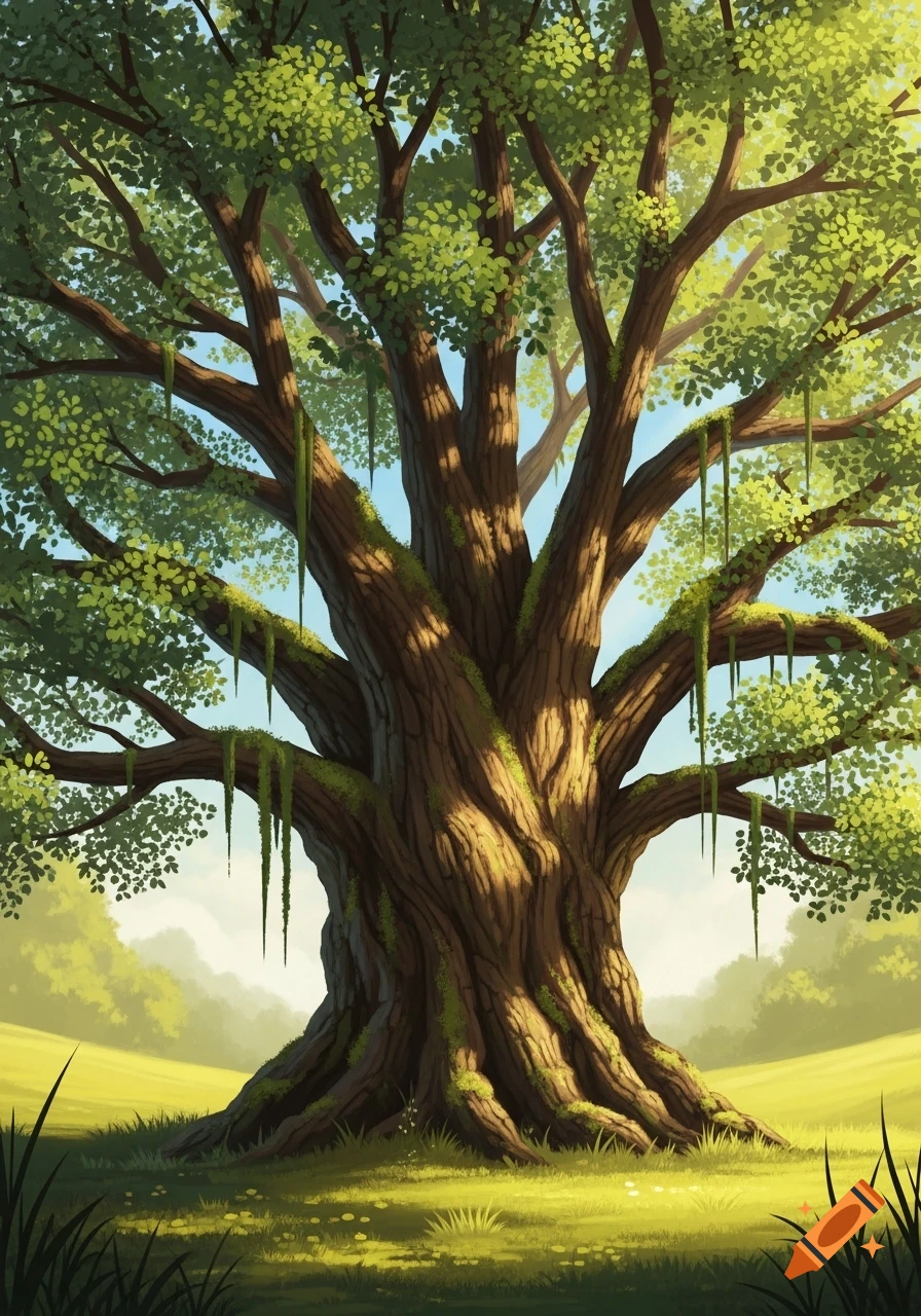 A vibrant, stylized illustration of a large, gnarled tree with lush green leaves and moss-draped branches, standing in a sunny field.