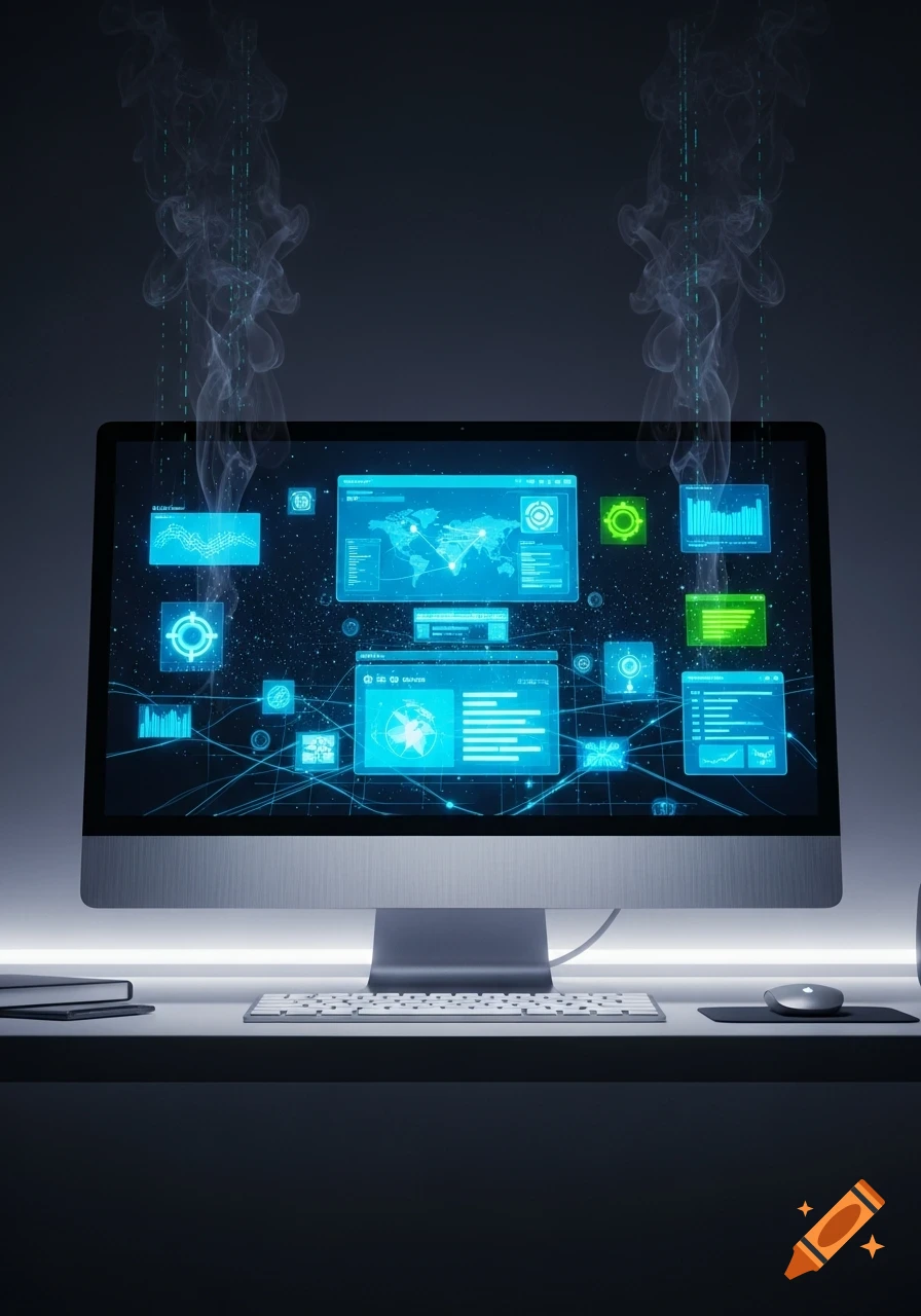 A modern computer display shows glowing blue and green data visualizations with charts and a world map. Smoke rises from the top of the monitor in a dark, futuristic setting.