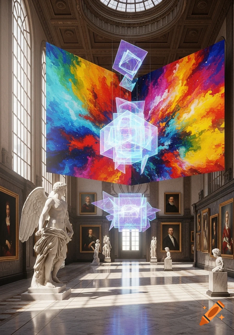 A grand art gallery showcasing classical statues, framed portraits, and vibrant abstract art installations with glowing geometric shapes under a high-ceilinged room.