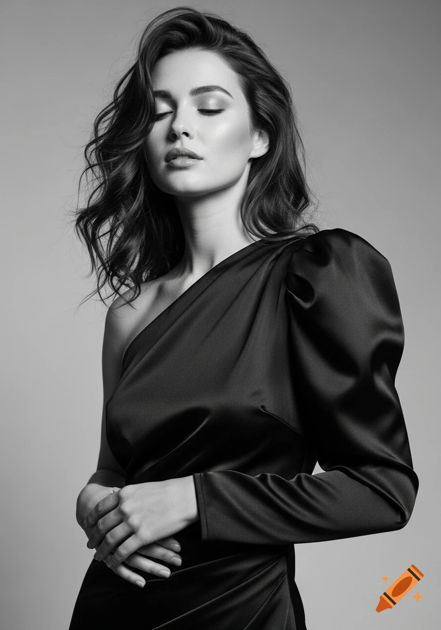 Photorealistic black and white portrait of a woman with closed eyes, wearing a black satin one-shoulder dress with a puffed sleeve.