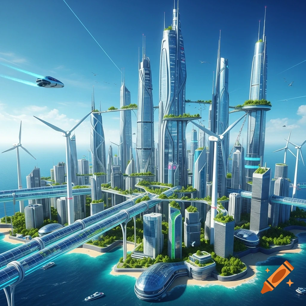 A vibrant, futuristic metropolis on a tropical island, featuring towering skyscrapers with green terraces, wind turbines, and a flying vehicle.