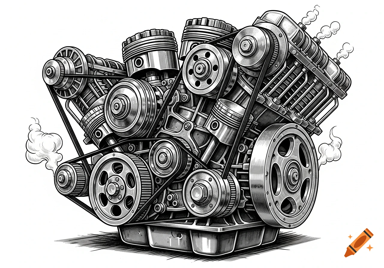 A detailed black and white illustration of a V-engine with visible pistons, pulleys, and drive belts, emitting stylized smoke.
