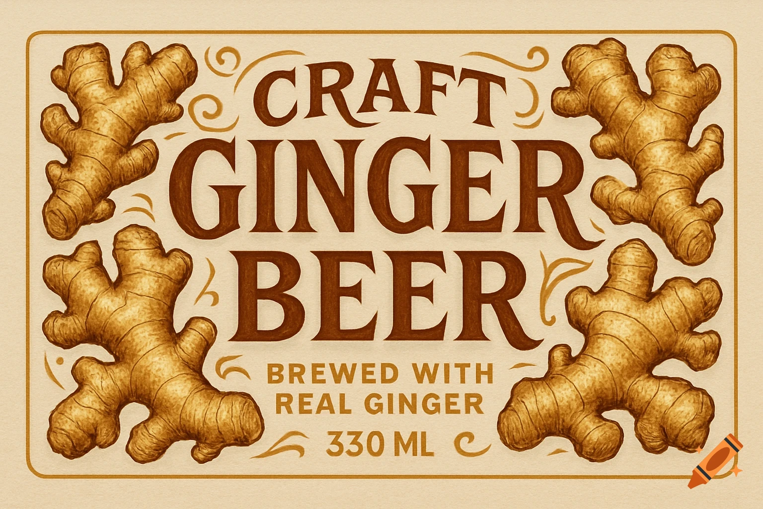 A vintage-style label for Craft Ginger Beer featuring illustrated ginger roots and brown text on a cream background.