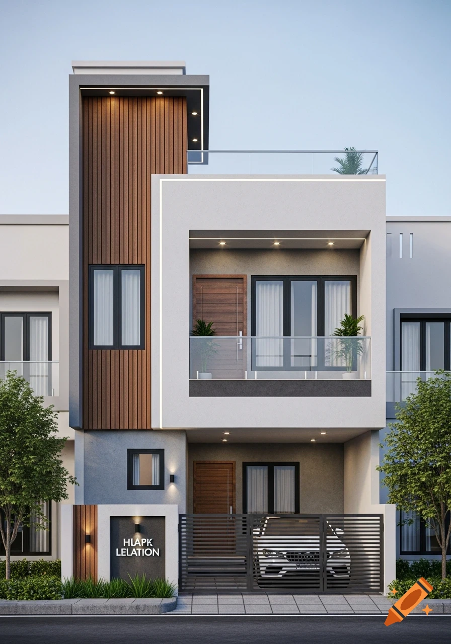 A modern, narrow Indian house with a grey and white exterior, vertical wooden panels, black windows, a glass balcony, and a car in the driveway.