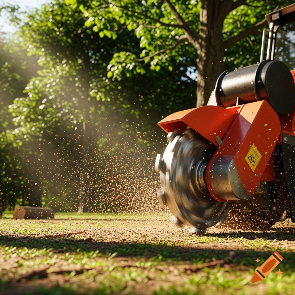 A close-up of a red stump grinder with a spinning blade kicking up wood chips in a sunny yard with trees.