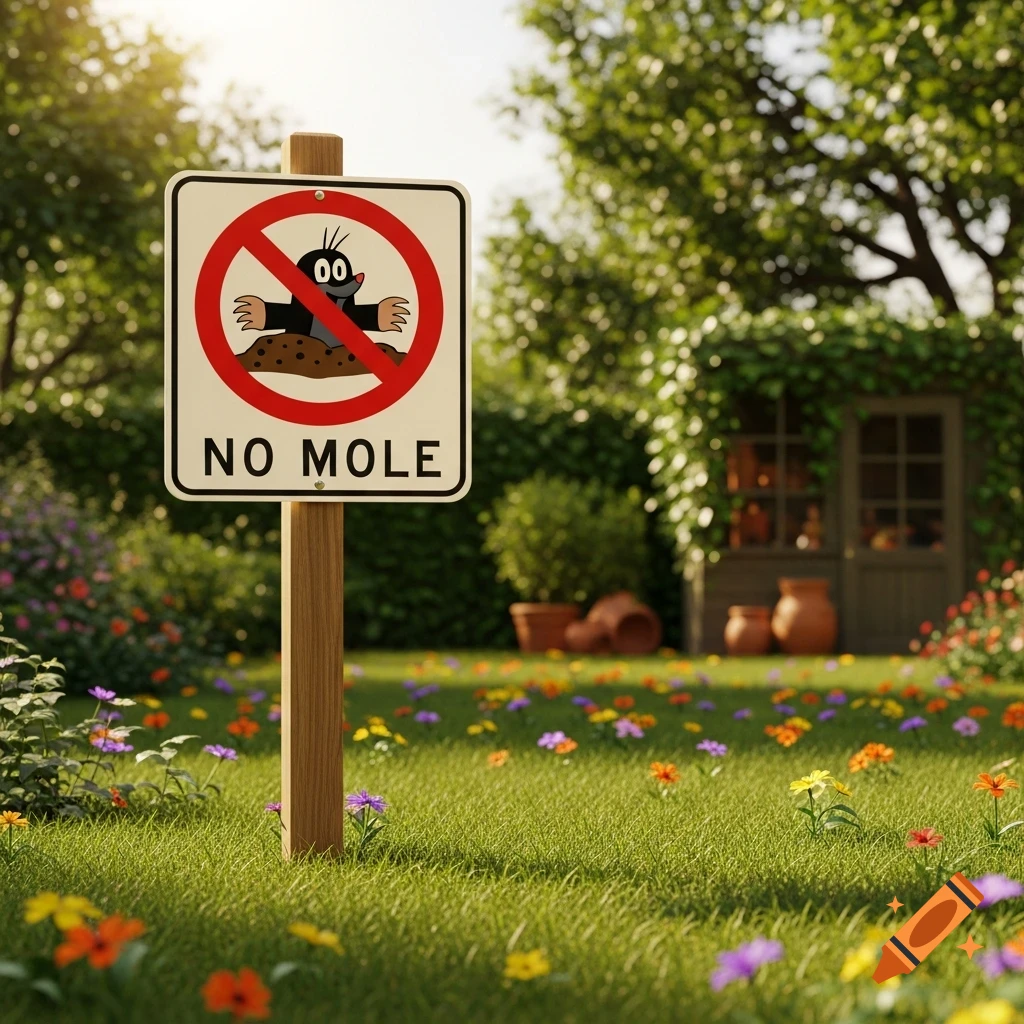 A 'No Mole' sign with a cartoon mole on a pole in a sunny garden with colorful flowers and a blurred shed.