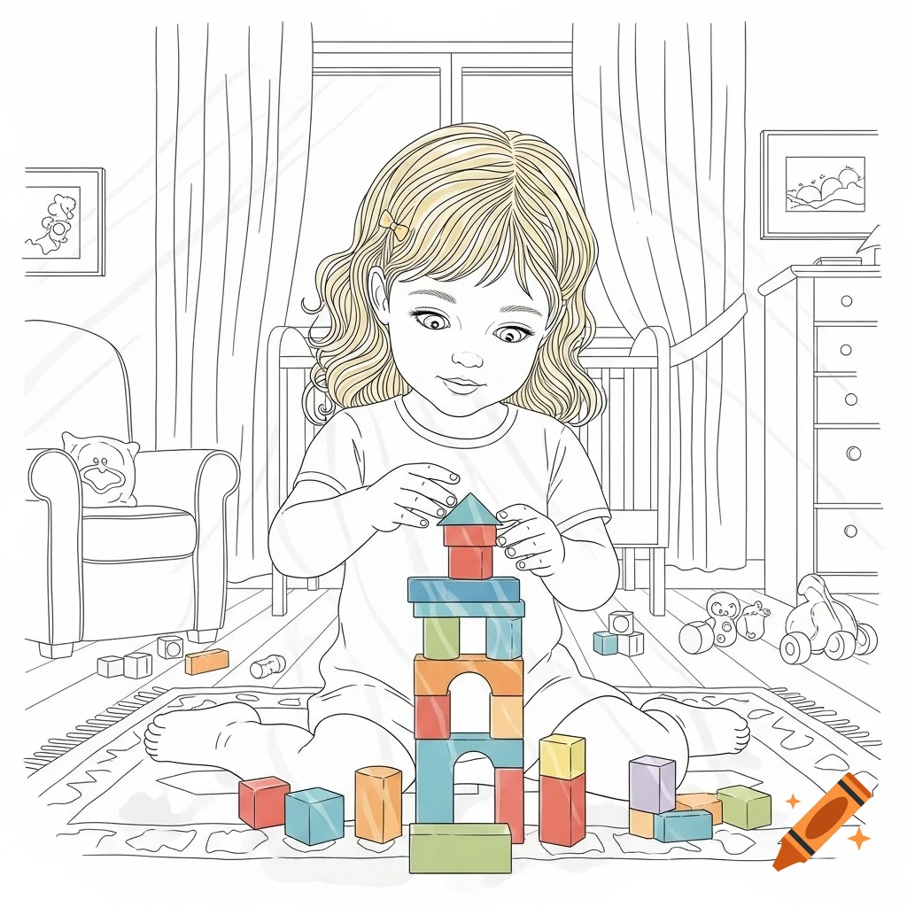 Line art of a blonde girl with curls sitting on a rug and playing with colorful building blocks.