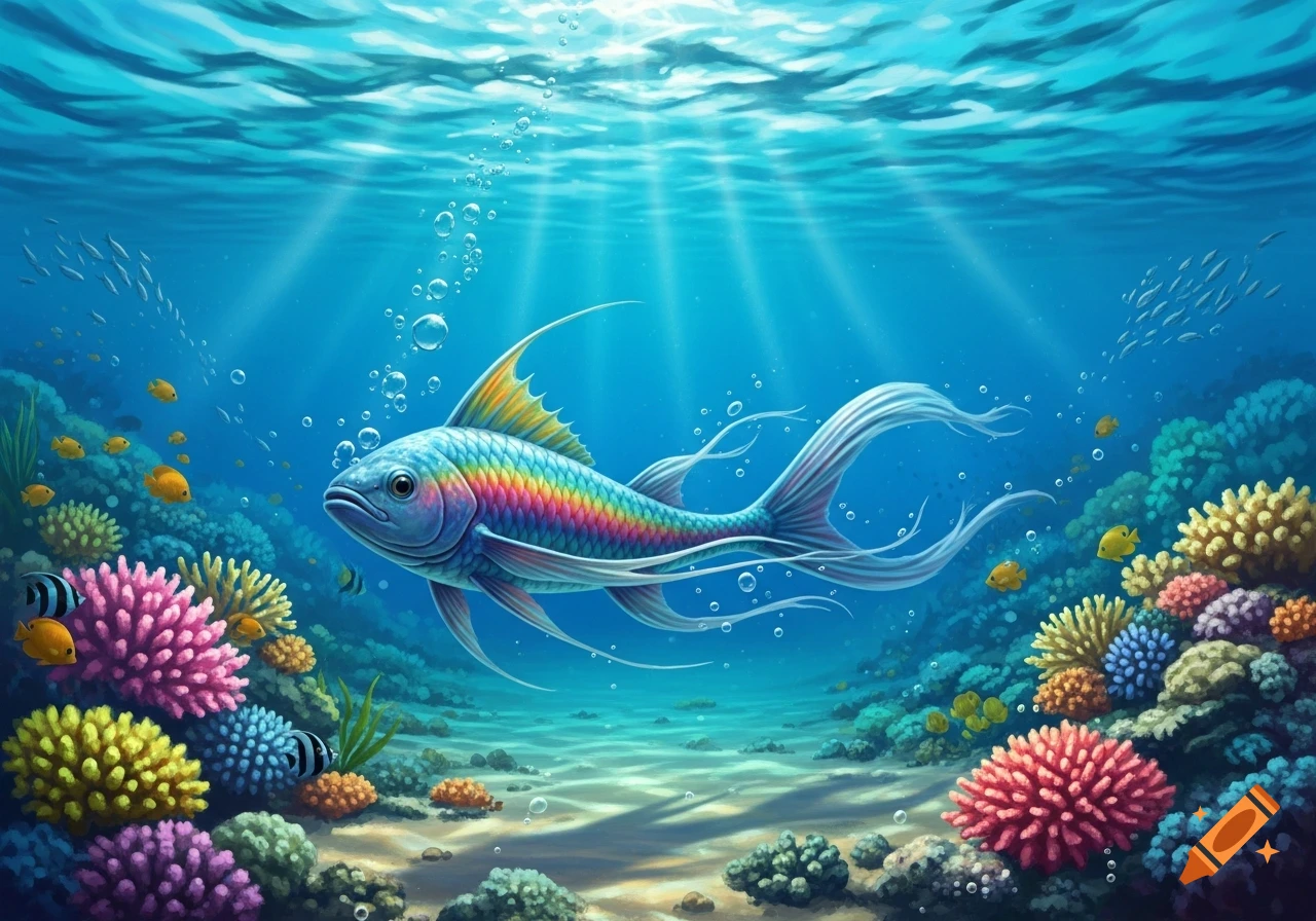 A vibrant rainbow fish swims through a colorful coral reef, bathed in rays of light filtering through the clear blue water.