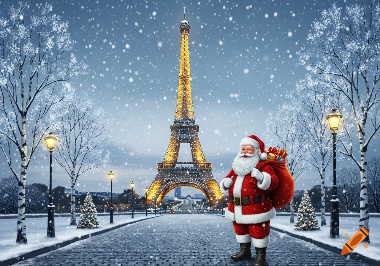 Santa Claus stands on a snowy street in Paris with the illuminated Eiffel Tower in the background, carrying a sack of gifts.
