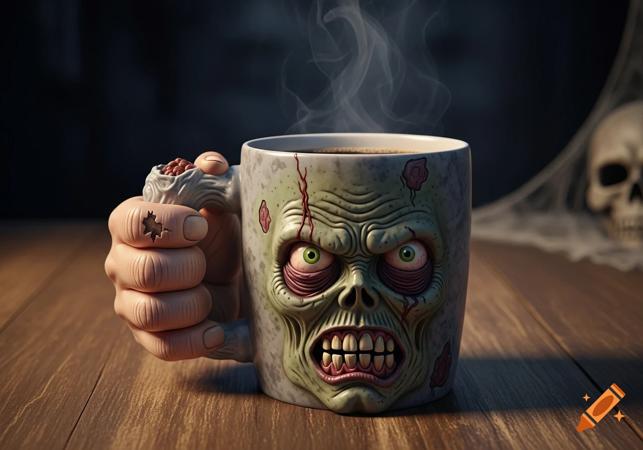 A horror-themed zombie coffee mug with a green, gruesome face design and a human-like hand forming the handle, steam rises from the dark coffee, with a blurred skull in the background.