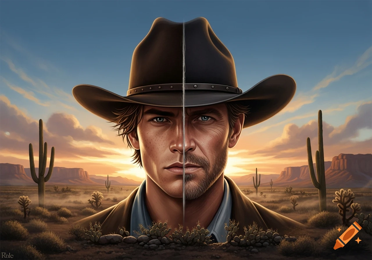 A split-face portrait of a man in a cowboy hat, one side clean-shaven and youthful, the other bearded and weathered, against a desert sunset.