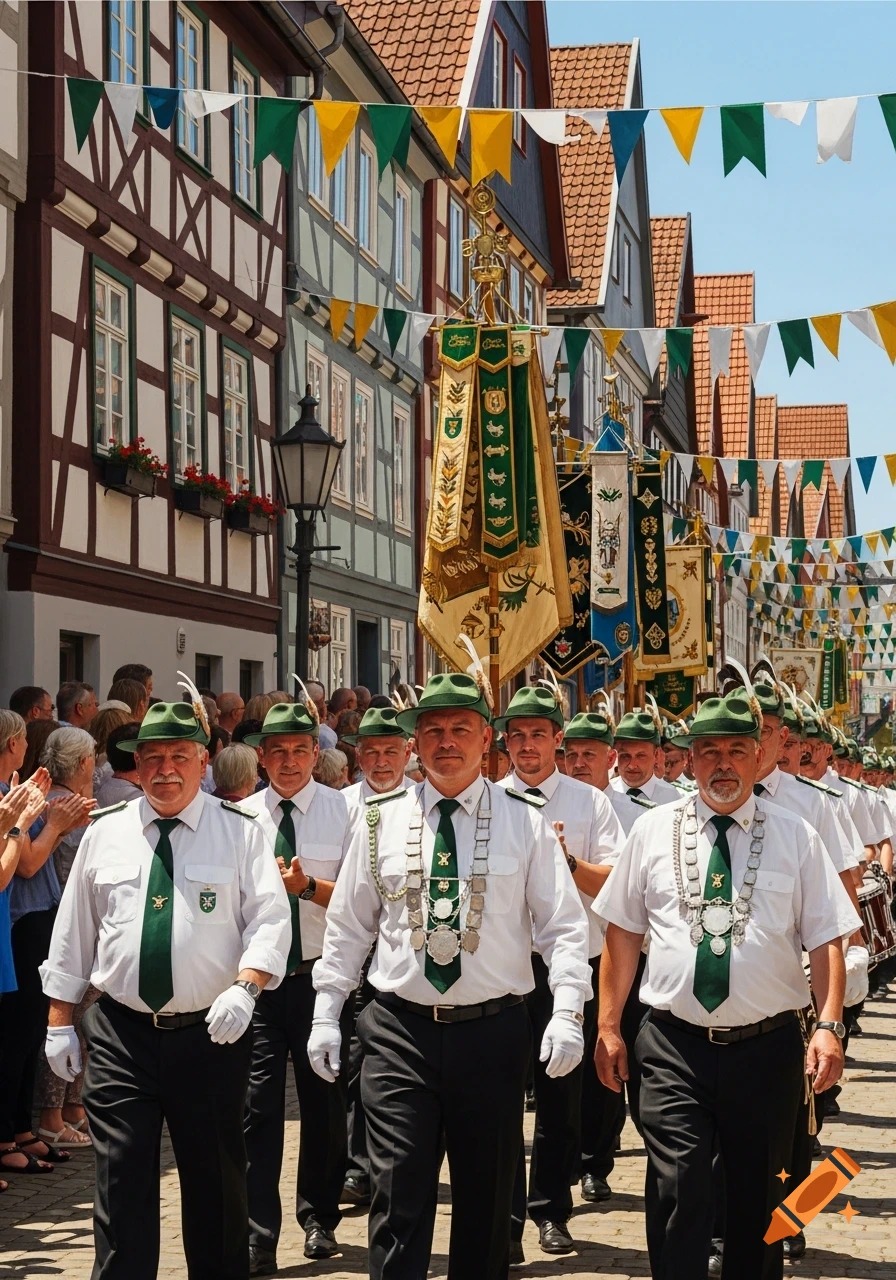 Men in green hats, white shirts, and ties march in a traditional German parade past half-timbered buildings adorned with colorful flags.