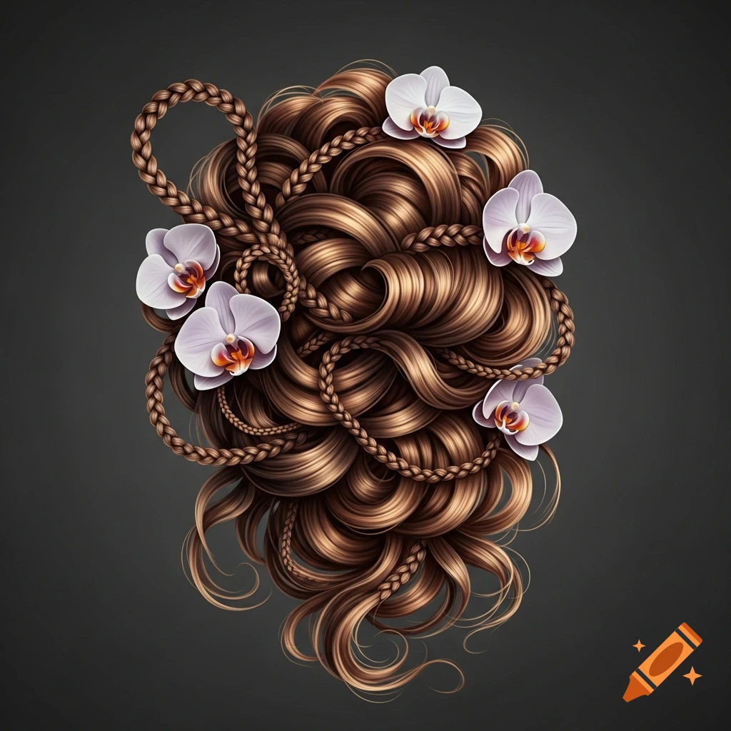 Close-up of wavy brown hair intricately styled with braids and adorned with white and purple orchids against a dark background.