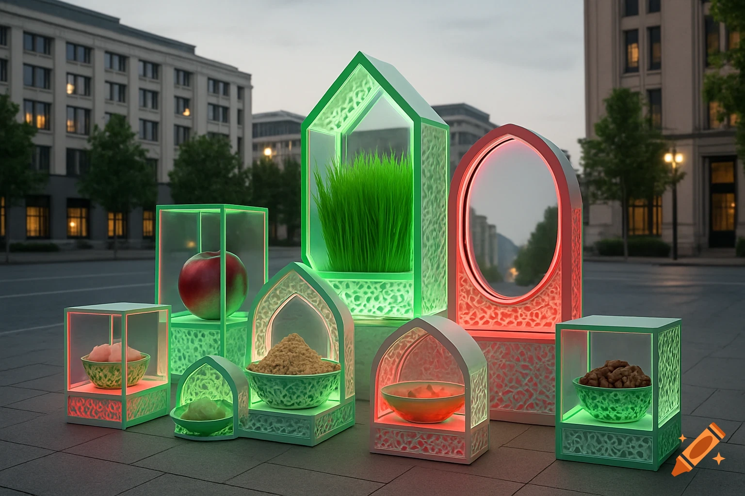 A modern Haft-seen art installation featuring glowing green and red geometric shapes holding an apple, grass, and bowls of ingredients, set on a city sidewalk.