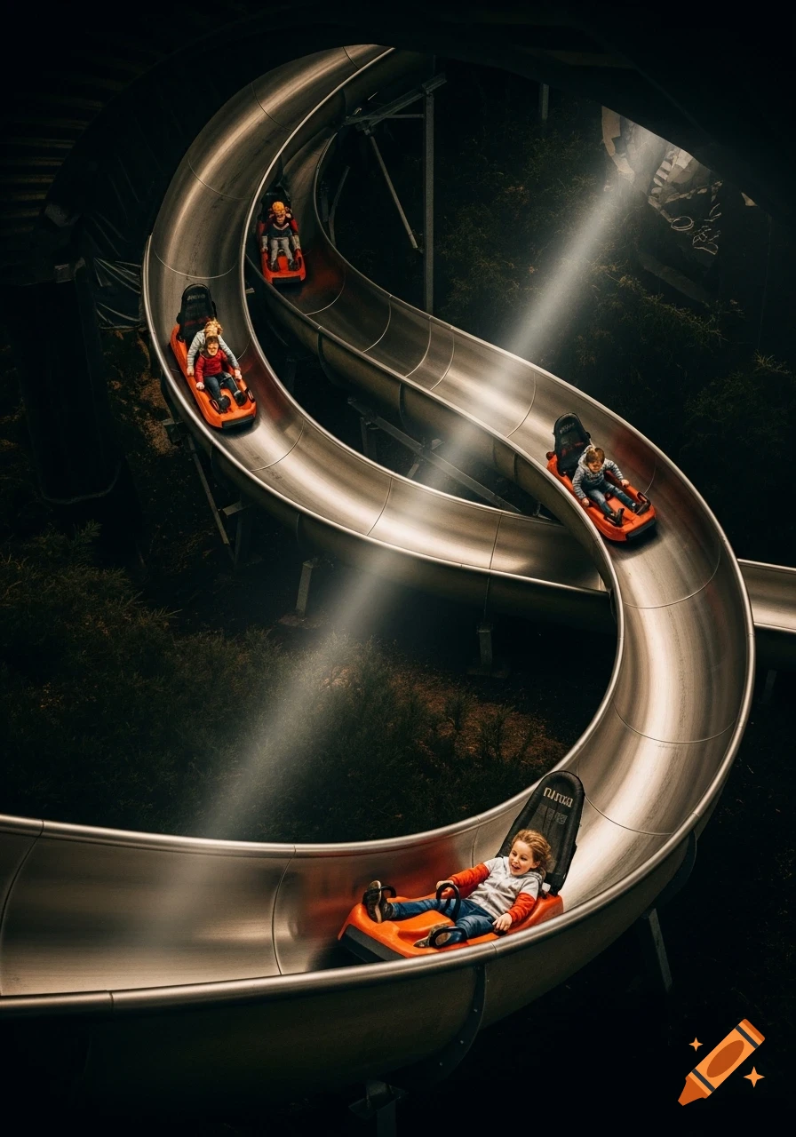 Children ride orange toboggans down a winding, dark metal slide under dramatic light beams.