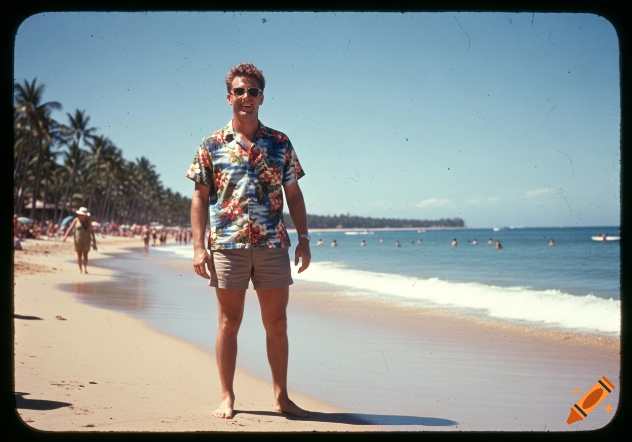 A man in a floral shirt and shorts stands smiling on a sandy beach with palm trees and ocean in the background, in the style of a 1950s slide.
