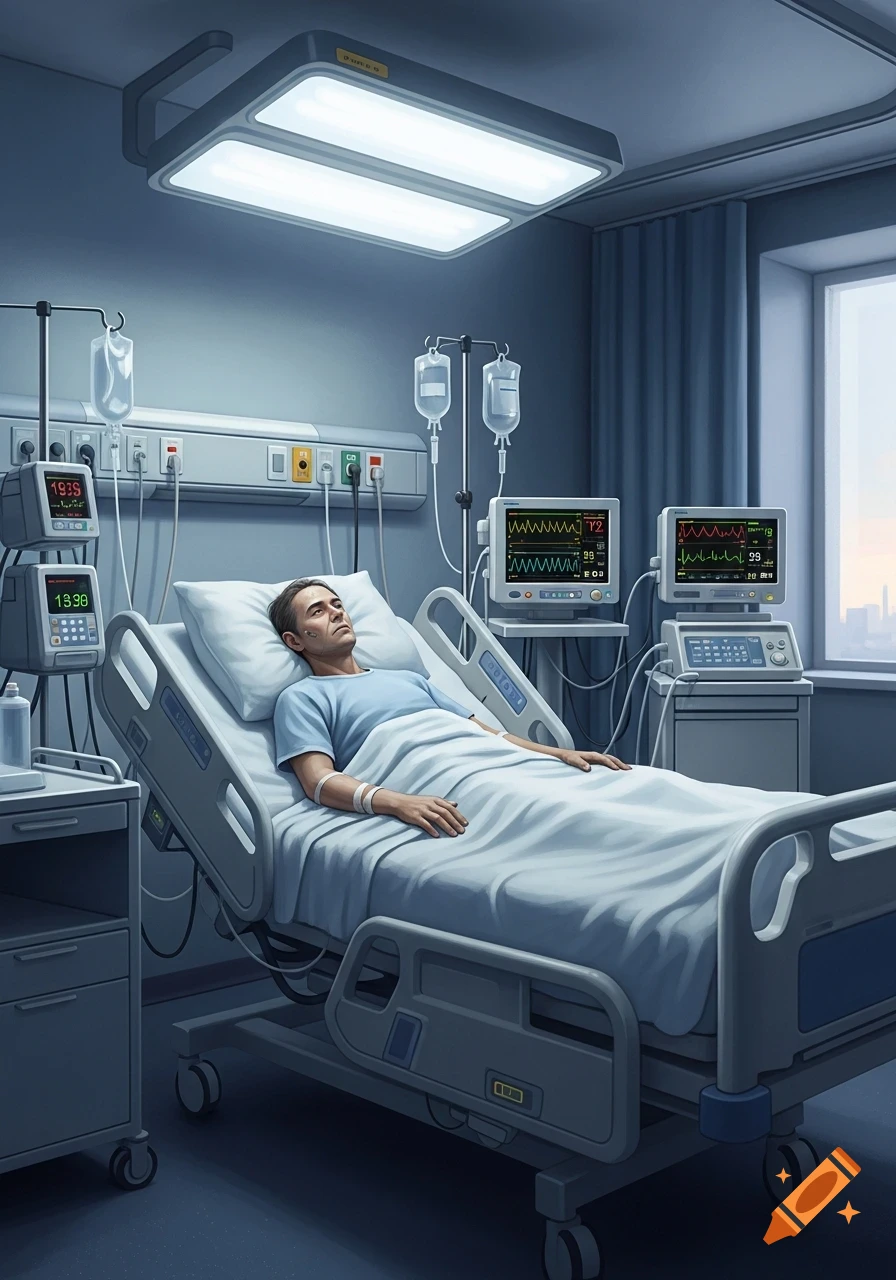 A man lies in a hospital bed, hooked up to various medical monitors and IV drips in a brightly lit hospital room.